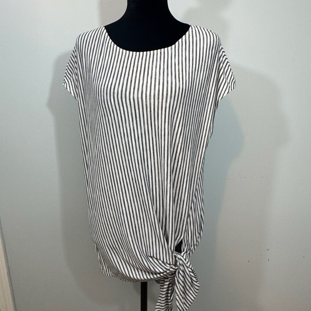 Max Studio Women Black White Striped Short Sleeve Tie Front Top Large